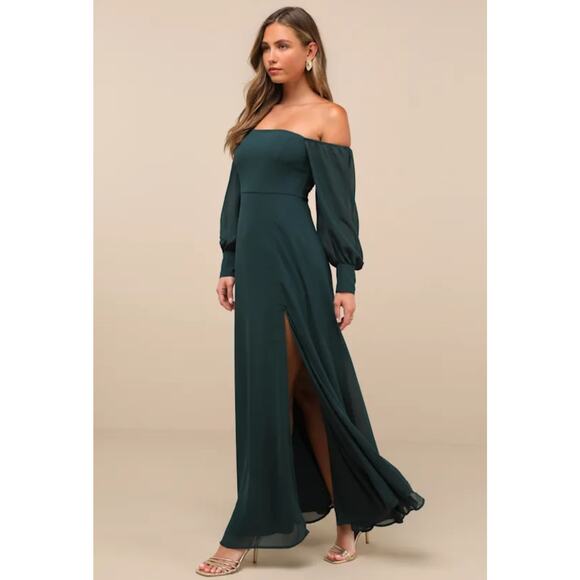 NEW Lulus Feel The Romance Emerald Green Off The Shoulder Maxi Dress - Picture 5 of 15